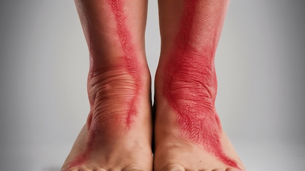 Foto pernas inflamadas de uma mulher com diabetes em close-up