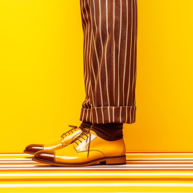 pernas masculinas elegantes irreconhecíveis em sapatos retrô em um fundo amarelo