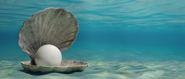 Pérola em uma concha de ostra debaixo d'água na ilustração 3d do fundo do mar