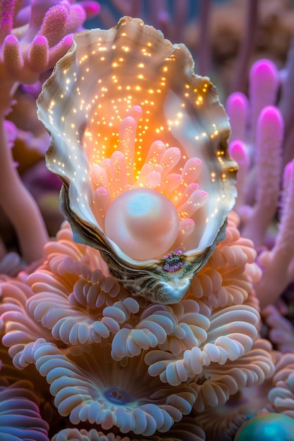 Pérola mágica dentro de uma concha marinha cintilante, cercada por um recife de corais com luzes iluminadas