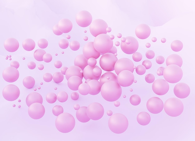 Pérolas cor de rosa espalhadas no espaço de marshmallow 3d abstrato Bolhas de renderização brilhantes delicadas