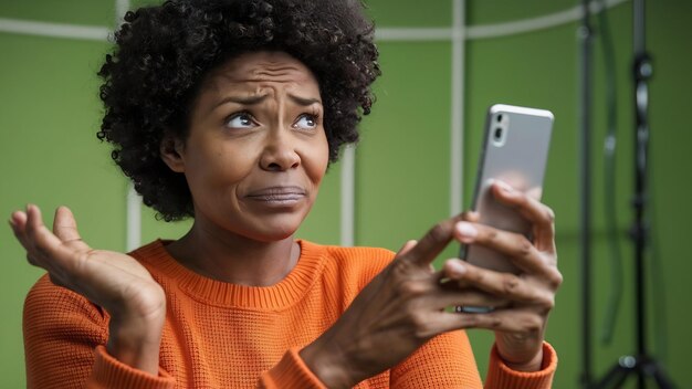 Perplexa hesitante mulher de cabelos ondulados encolhe os ombros sem ter certeza usa smartphone dispositivo concentrado