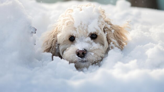 La perra de la nieve es una mascota feliz.