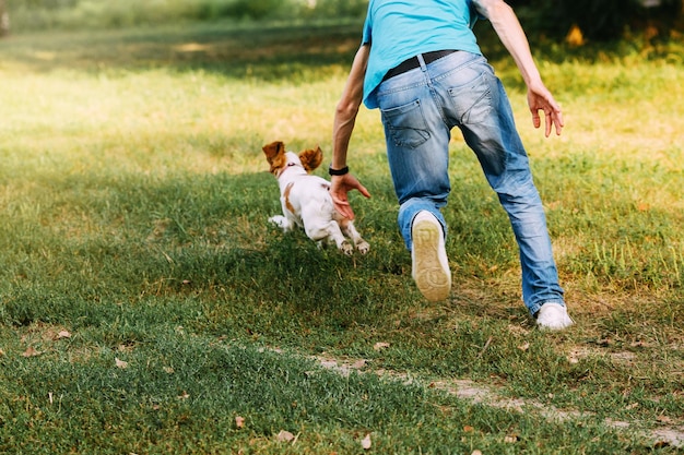 Perrita corre por el campo de un hombre que juega con ella