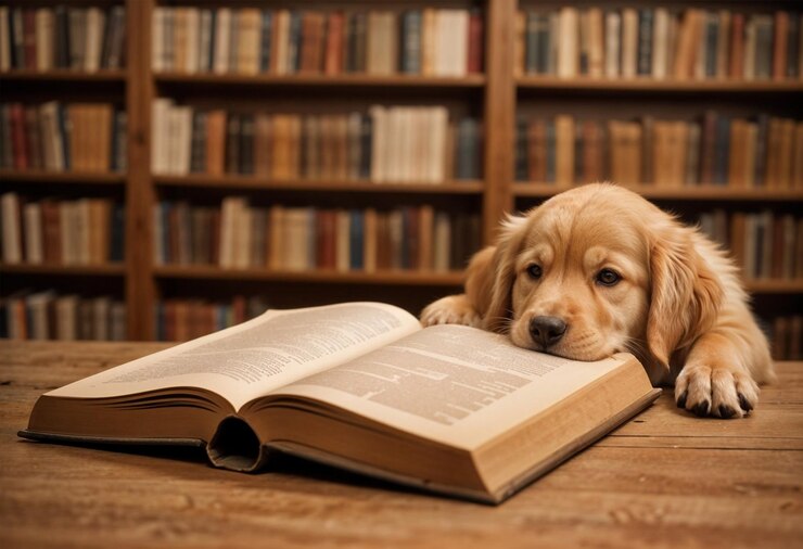 El perrito apoyó su cabeza en el libro.