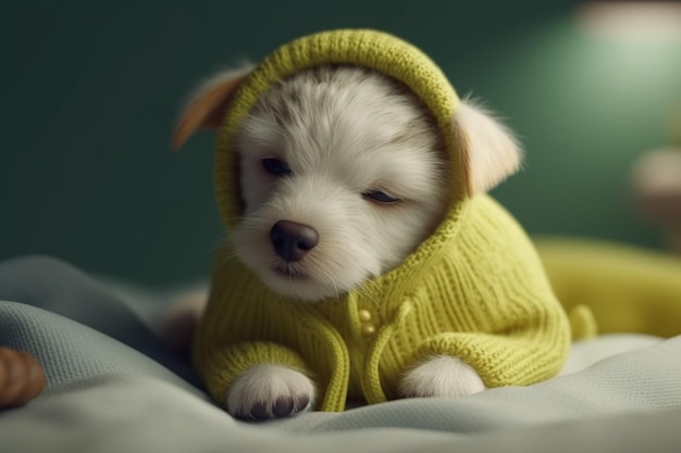 Perrito blanco que lleva el suéter de YellowGreen que duerme en cama