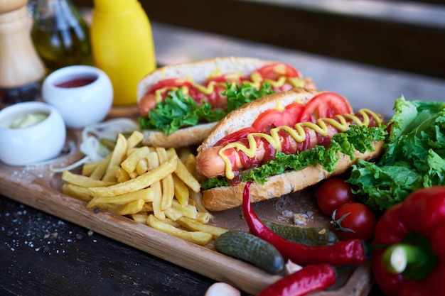 Perrito caliente a la barbacoa servido con verduras y papas fritas y salsas en una tabla de servir de madera