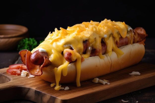 Foto perrito caliente envuelto con tocino y queso sobre tabla de madera