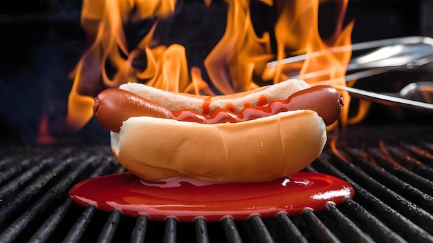 un perrito caliente está en un plato rojo con un hot dog en él
