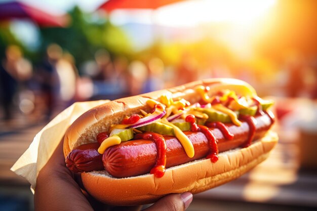 Un perrito caliente con un grupo de personas en una barbacoa de verano