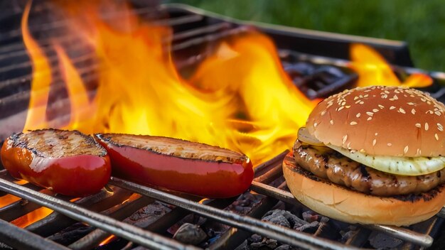 un perrito caliente y una hamburguesa están cocinando en una parrilla