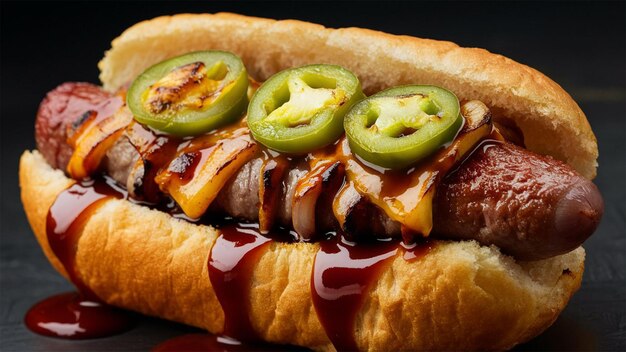 Foto un perrito caliente con jalapenos en él está cubierto de ketchup