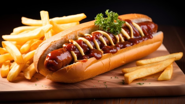 Foto un perrito caliente con ketchup y mostaza en una tabla de madera