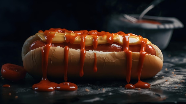 Un perrito caliente con ketchup y mostaza