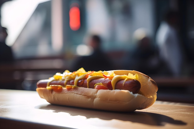 Un perrito caliente con mostaza y salsa sobre una mesa.