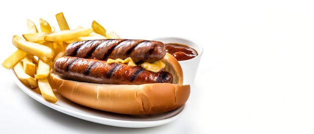 perrito caliente con papas fritas en fondo blanco IA generativa