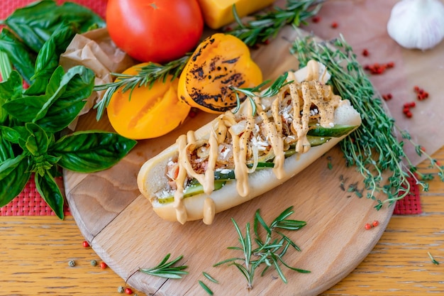 Perrito caliente a la parrilla con mostaza amarilla y salsa de pimienta Tomates amarillos y ajo en el fondo de la vegetación