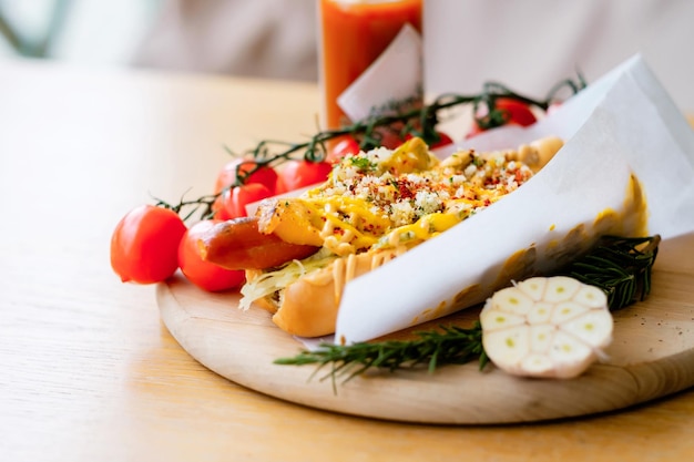 Perrito caliente a la parrilla con mostaza amarilla y salsa de pimienta Tomates cherry rojos de cerca