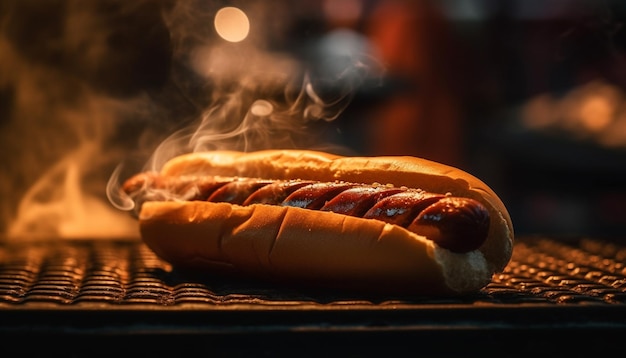 Perrito caliente a la parrilla en un panecillo perfecto para el verano generado por IA