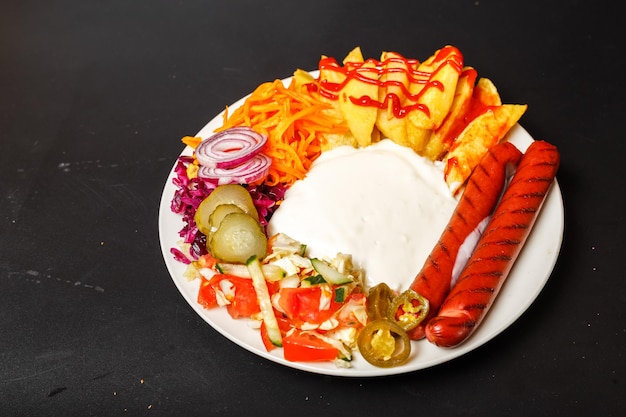 Perrito caliente en un plato con carne frita y verduras y encurtidos en un plato blanco con un aislado