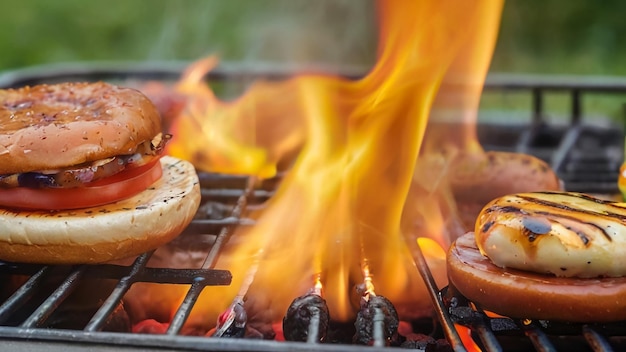 un perrito caliente y una salchicha en una parrilla con llamas