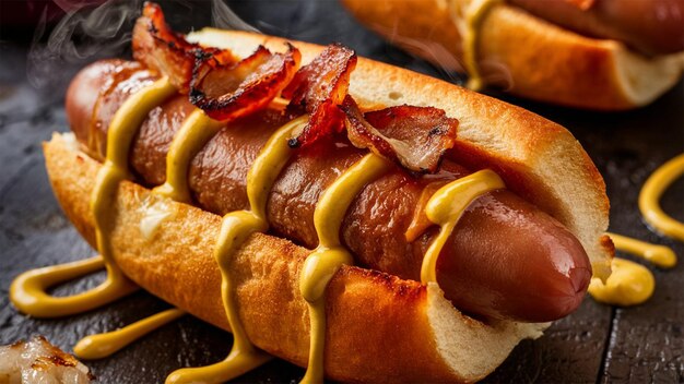 un perrito caliente con tocino en un pan con una salsa en él