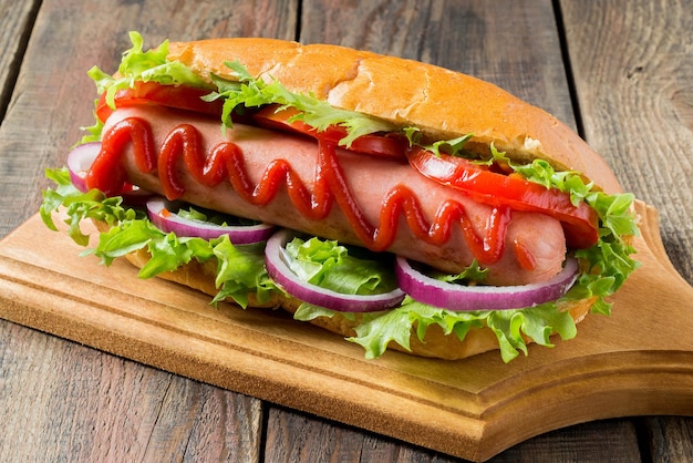 Perrito caliente con tomate y lechuga en una tabla para cortar