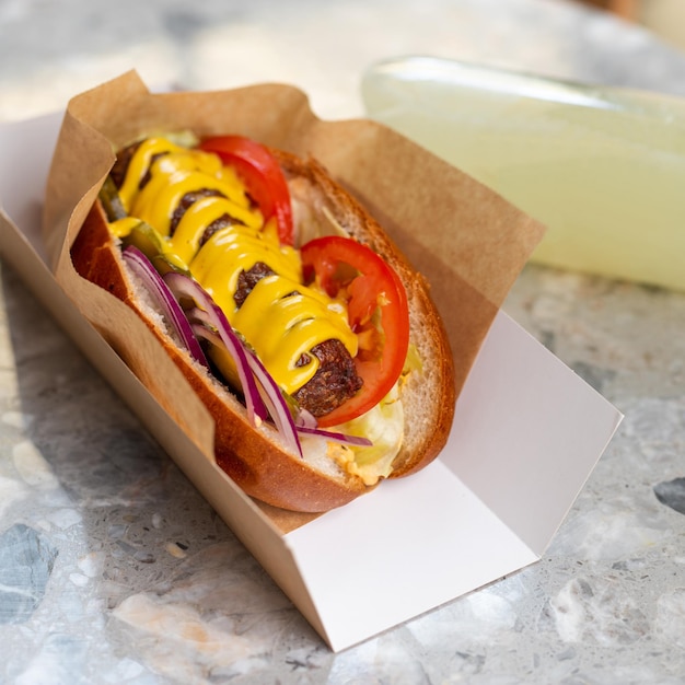 Perrito caliente tradicional con una salchicha ahumada en un panecillo fresco adornado con mostaza y servido con lechuga, tomate y cebolla sobre un fondo de piedra gris