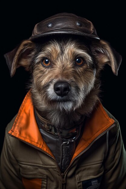 Perrito con chaqueta y sombrero posando