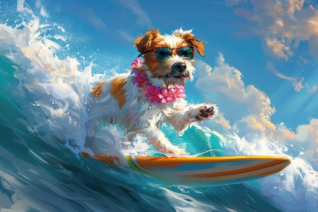 Foto el perrito con gafas está surfeando.