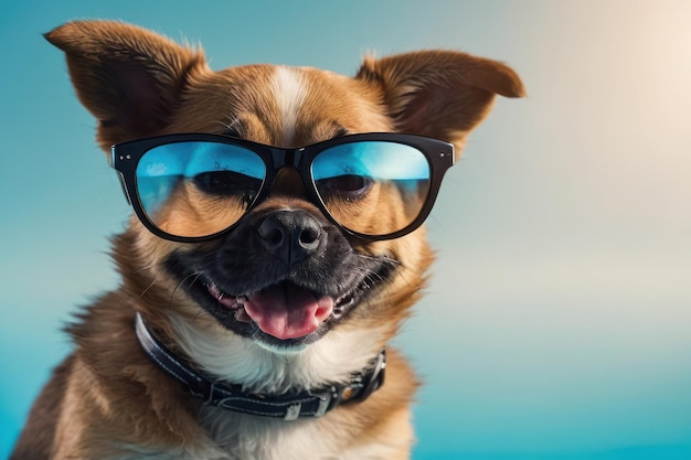 un perrito gracioso con gafas de sol aisladas en azul claro