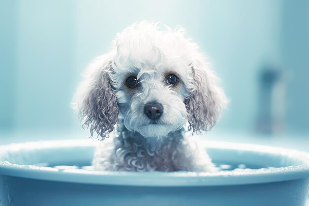 Perrito gracioso sentado en la bañera esperando a ser aseado Banner para la tienda de mascotas salón de aseo IA generativa