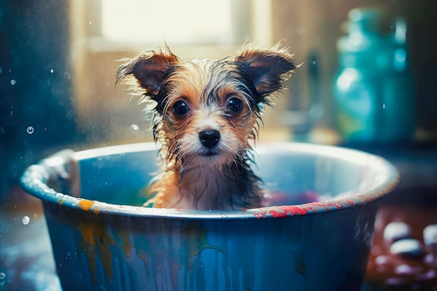 Perrito gracioso sentado en la bañera esperando a ser aseado Banner para la tienda de mascotas salón de aseo IA generativa