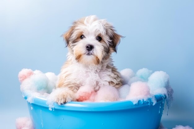 Perrito gracioso sentado en la bañera esperando a ser aseado Banner para la tienda de mascotas salón de aseo IA generativa