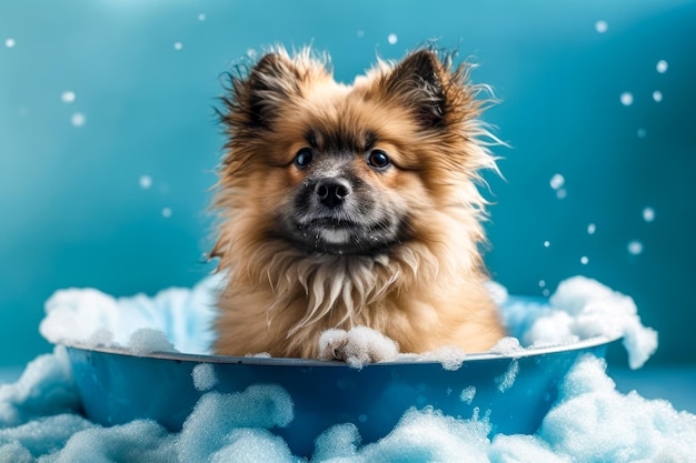 Perrito gracioso sentado en la bañera esperando a ser aseado Banner para la tienda de mascotas salón de aseo IA generativa