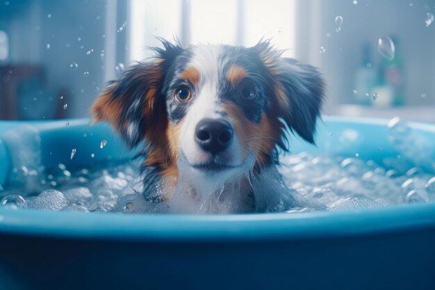 Perrito gracioso sentado en la bañera esperando a ser aseado Banner para la tienda de mascotas salón de aseo IA generativa