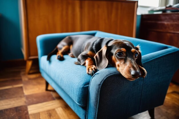 El perrito marrón se extendió y durmió profundamente de cabeza en el sillón azul.