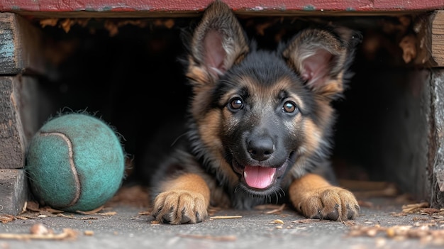 Foto un perrito de pastor alemán feliz de 4 meses de edad bajo una mesa al lado de una pelota de tenis destrozada en el estilo