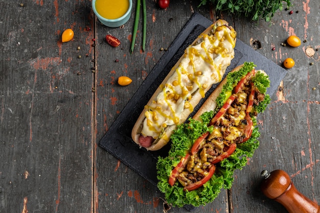 Perritos calientes completamente cargados con ingredientes variados. hotdog de comida rápida, comida estadounidense de calorías poco saludables. banner, menú, lugar de receta para texto, vista superior.