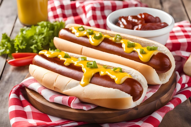 Perritos calientes con mucha mostaza y ketchup en un picnic