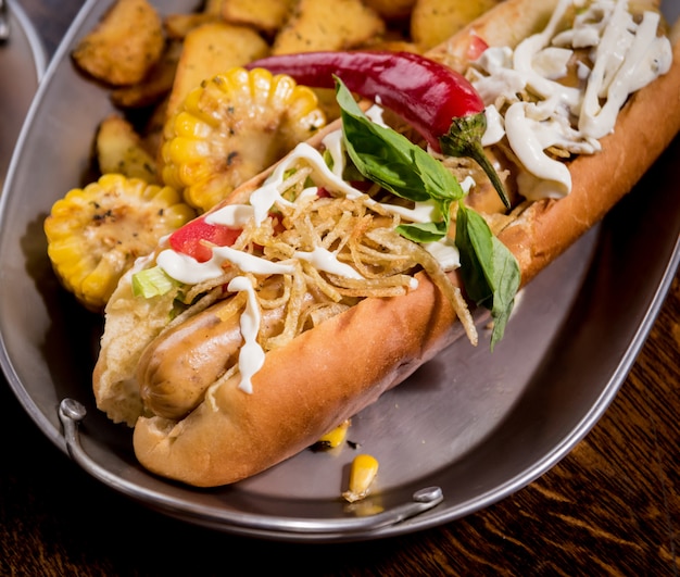 Perritos calientes y papas fritas en un plato. Comida de comida rápida. Restaurante.