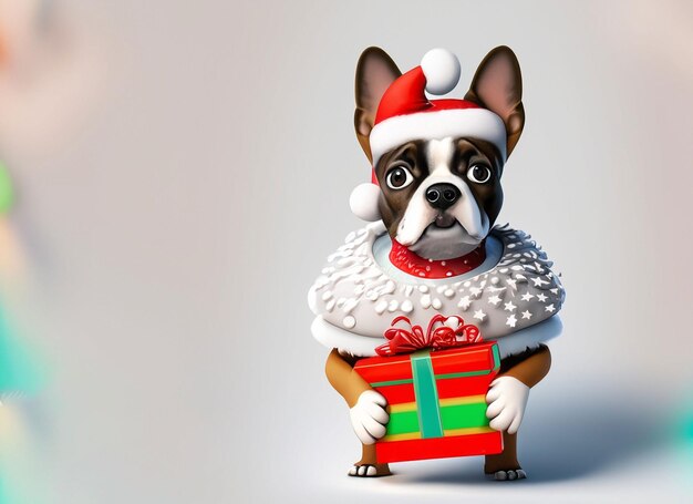 Perro 3D con un corazón rojo y un regalo de Navidad y con un vestido de Navidad