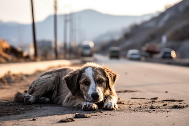 Perro abandonado en el camino