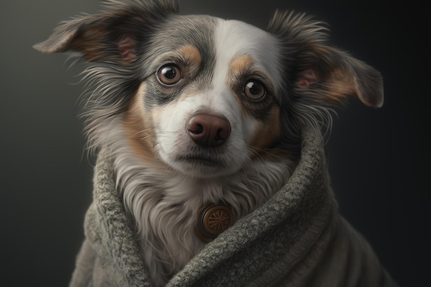 Un perro con un abrigo con un botón que dice "soy un perro"