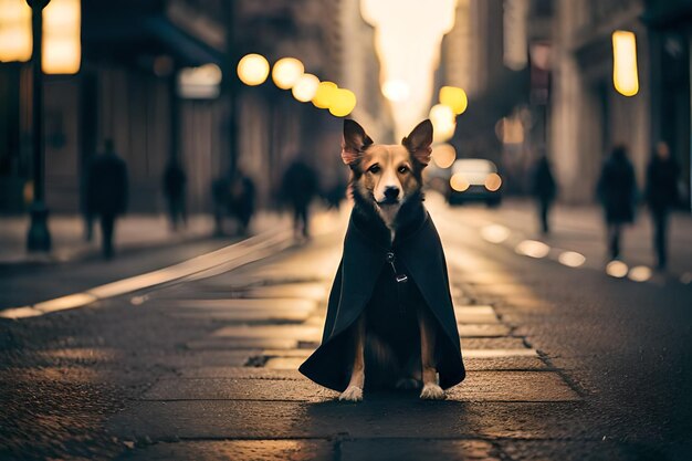 un perro con un abrigo en una calle