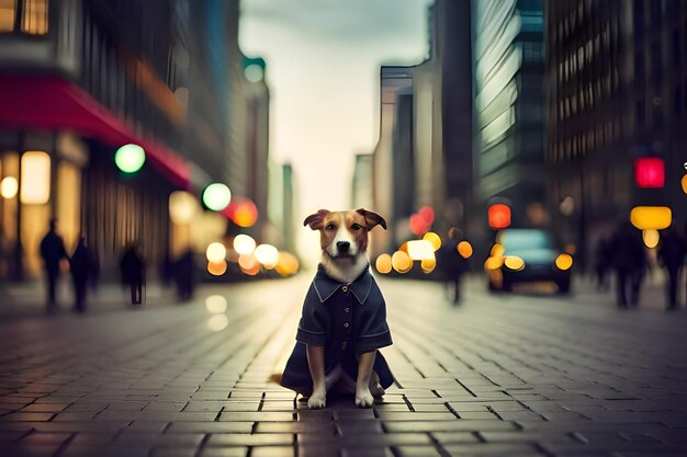 un perro con un abrigo está en una acera de ladrillo.