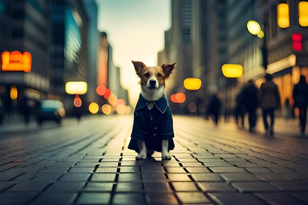 un perro con un abrigo está de pie en una acera de ladrillo.