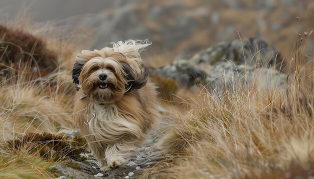 Foto un perro con un abrigo de pelaje blanco está sentado en una roca