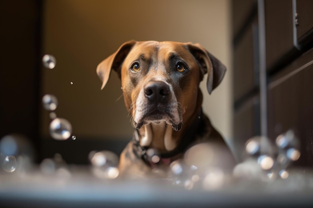 Perro acostado en la bañera con agua y burbujas creadas con ai generativo