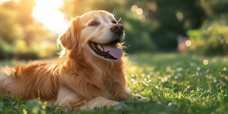 un perro acostado en la hierba con el sol detrás de él